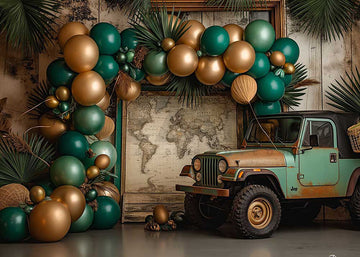 Avezano Green Golden Balloon Arch and Old Truck Cake Smash Photography Background