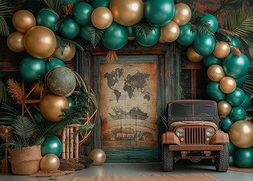 Avezano Green Golden Balloon Arch and Old Brown Truck Cake Smash Photography Background
