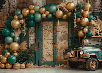 Avezano Green Golden Balloon Arch Wild Jungle Retro Door and Car Photography Background