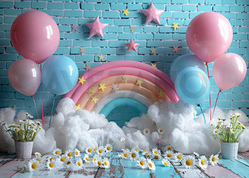 Avezano Balloons and Rainbows Blue Wall Party Photography Background