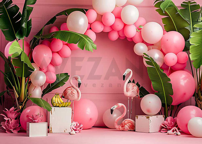 Avezano Pink Balloon Arches and Flamingos Cake Smash Photography Background
