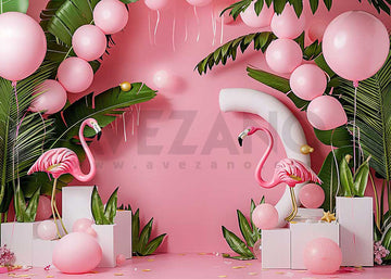 Avezano Pink Flamingos and Greenery Cake Smash Photography Background