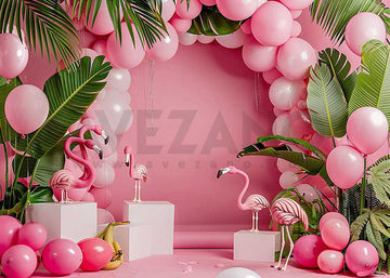 Avezano Pink Balloon Arch Flamingos Cake Smash Photography Background