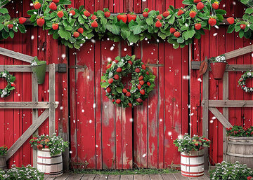Avezano Spring Strawberry Wreath and Wooden Door Photography Background