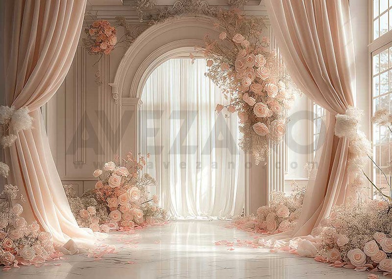 Avezano Wedding Pink Window Gauze Rose Doors and Windows Photography Backdrop