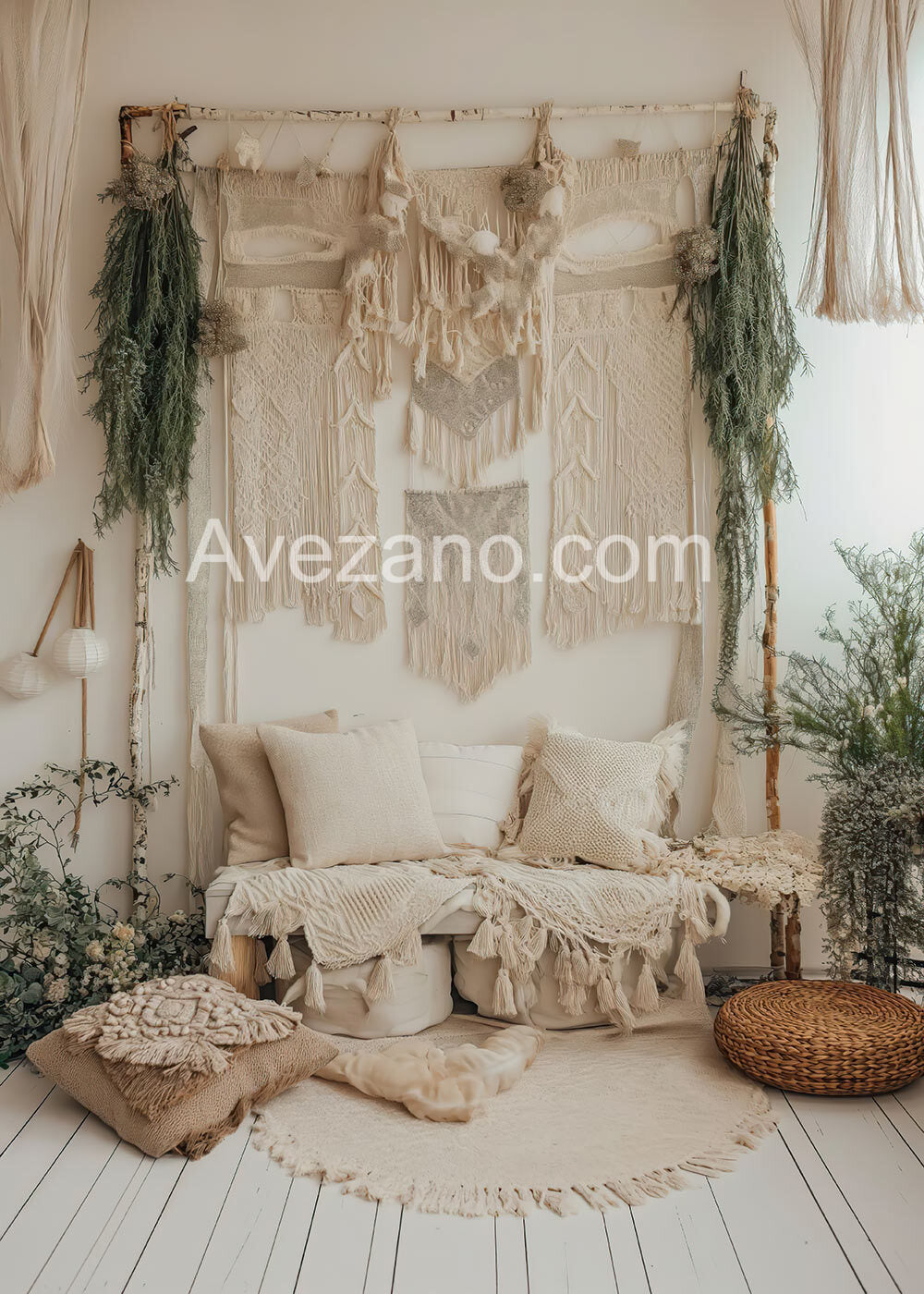 Toile de fond pour photographie de la maison et du canapé bohème d'Avezano