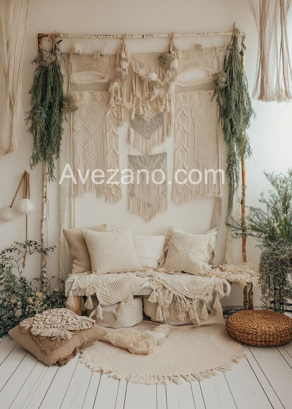 Toile de fond pour photographie de la maison et du canapé bohème d'Avezano