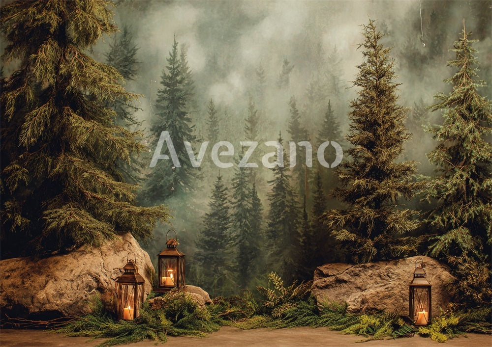 Avezano Misty Pine Forest Lantern Photography Background