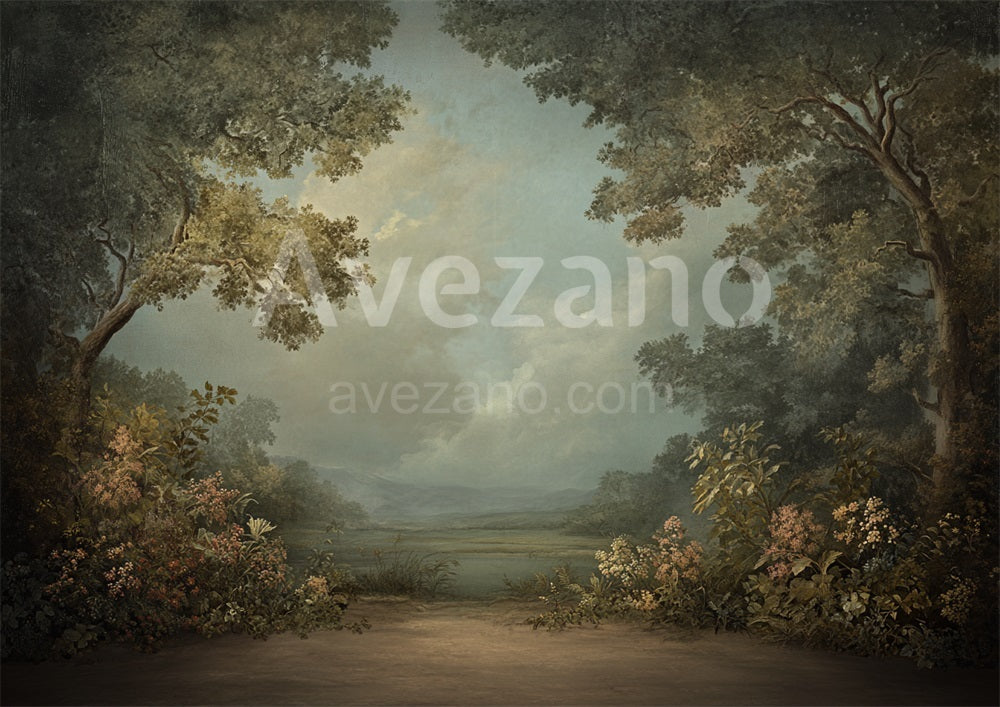 Avezano Serene Forest Path Oil Painting Photography Backdrop