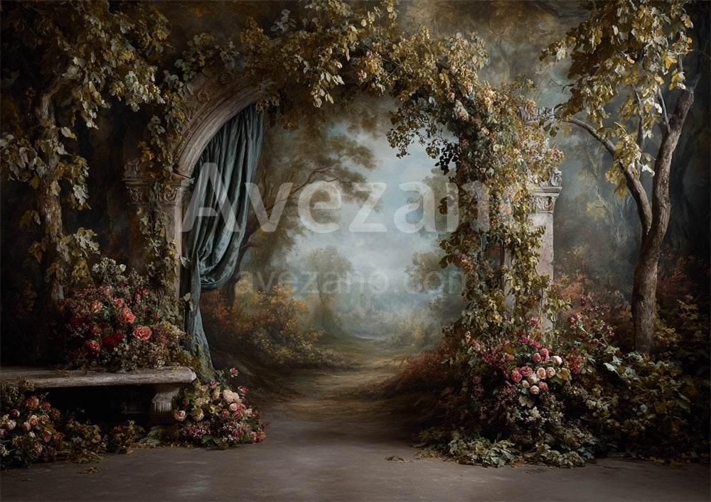 Avezano Ivy Arch Teal Curtain Oil Painting Photography Backdrop