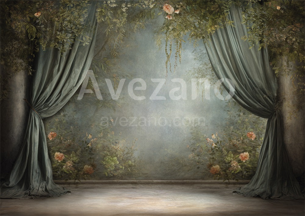 Avezano Teal Curtain Floral Wall Oil Painting Photography Backdrop