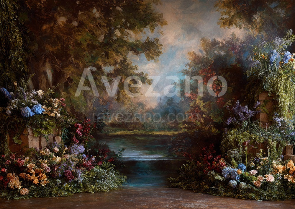 Avezano Colorful Lakeside Floral Oil Painting Photography Backdrop