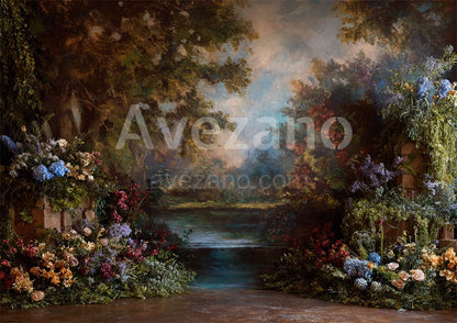 Avezano Colorful Lakeside Floral Oil Painting Photography Backdrop