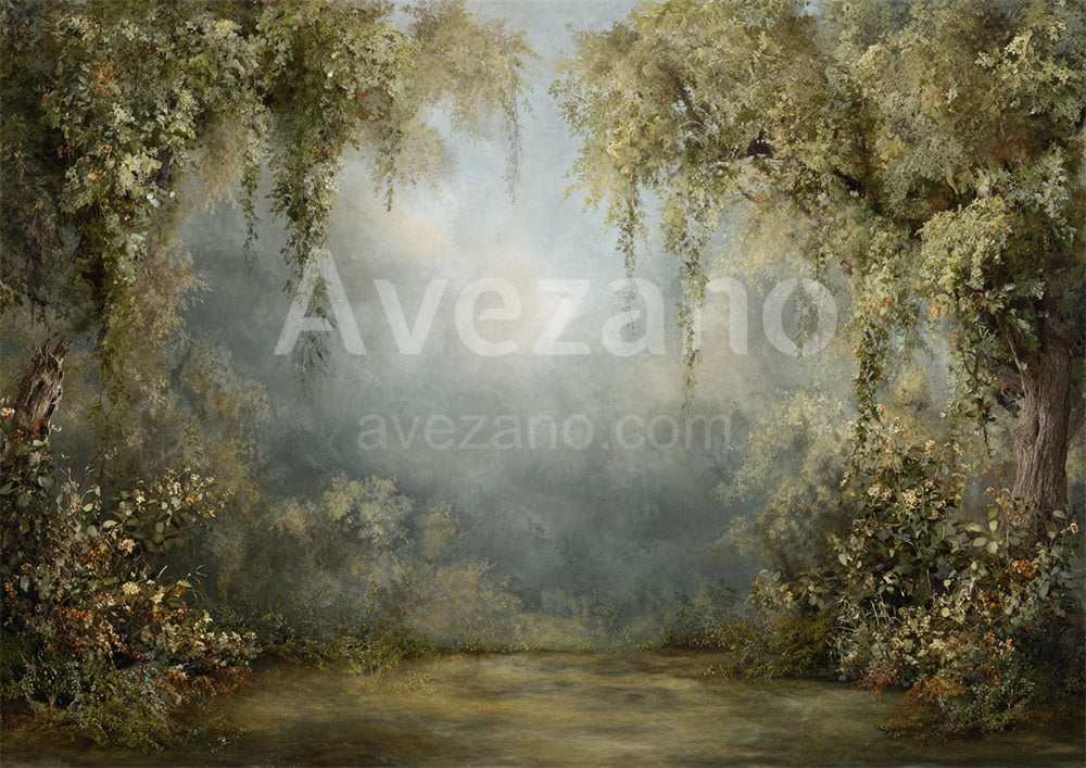 Avezano Misty Willow Forest River Oil Painting Photography Backdrop