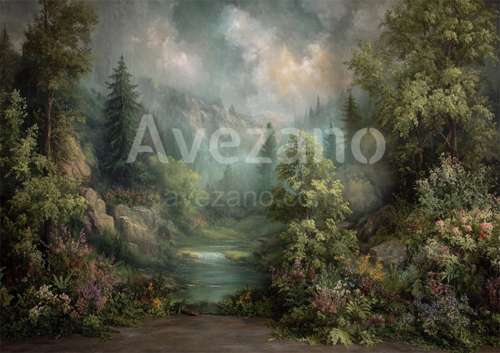 Avezano Mountain Stream Floral Oil Painting Photography Backdrop