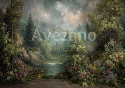 Avezano Mountain Stream Floral Oil Painting Photography Backdrop