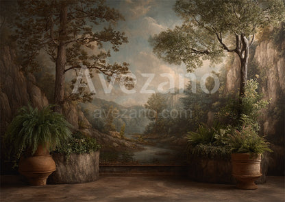 Avezano Cliffside Terracotta Planter Oil Painting Photography Backdrop