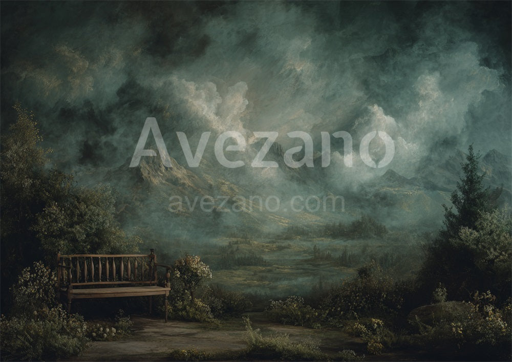 Avezano Misty Mountain Bench Oil Painting Photography Backdrop