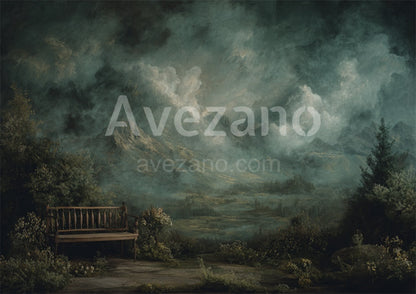 Avezano Misty Mountain Bench Oil Painting Photography Backdrop