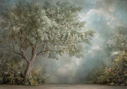 Avezano Solitary Tree Misty Sky Oil Painting Photography Backdrop