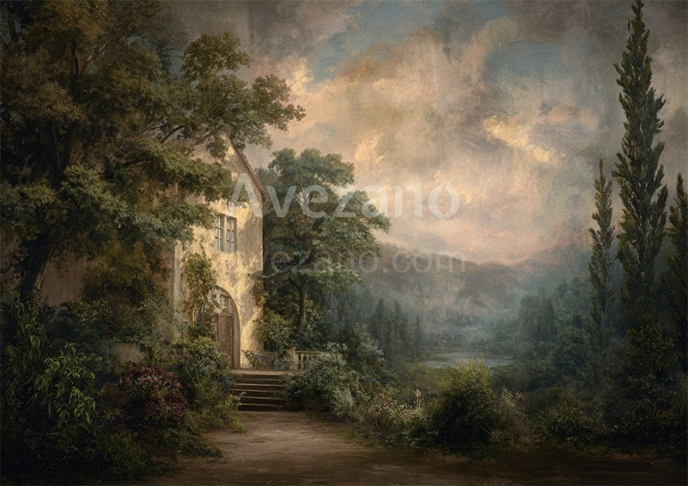 Avezano Cottage Path Forest Lake Oil Painting Photography Backdrop