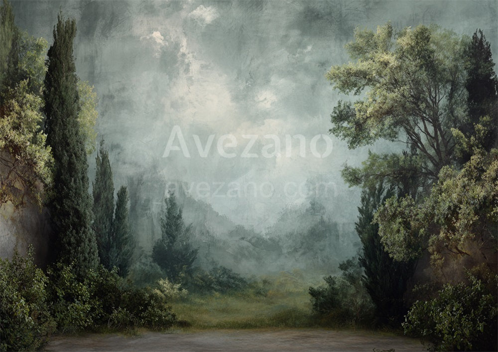 Avezano  Misty Cypress Forest Oil Painting Photography Backdrop