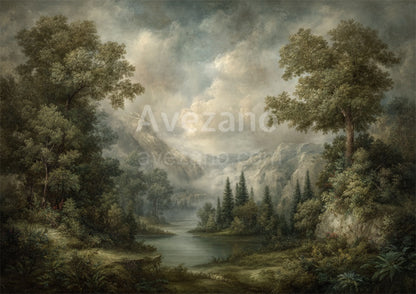Avezano Serene Lake Mountain Oil Painting Photography Backdrop