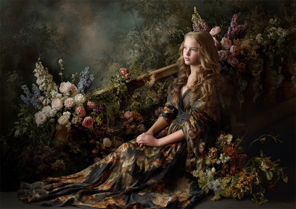 Avezano Vintage Floral Staircase Oil Painting Photography Backdrop