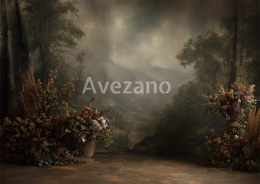 Avezano Moody Mountain Floral Vase Oil Painting Photography Backdrop