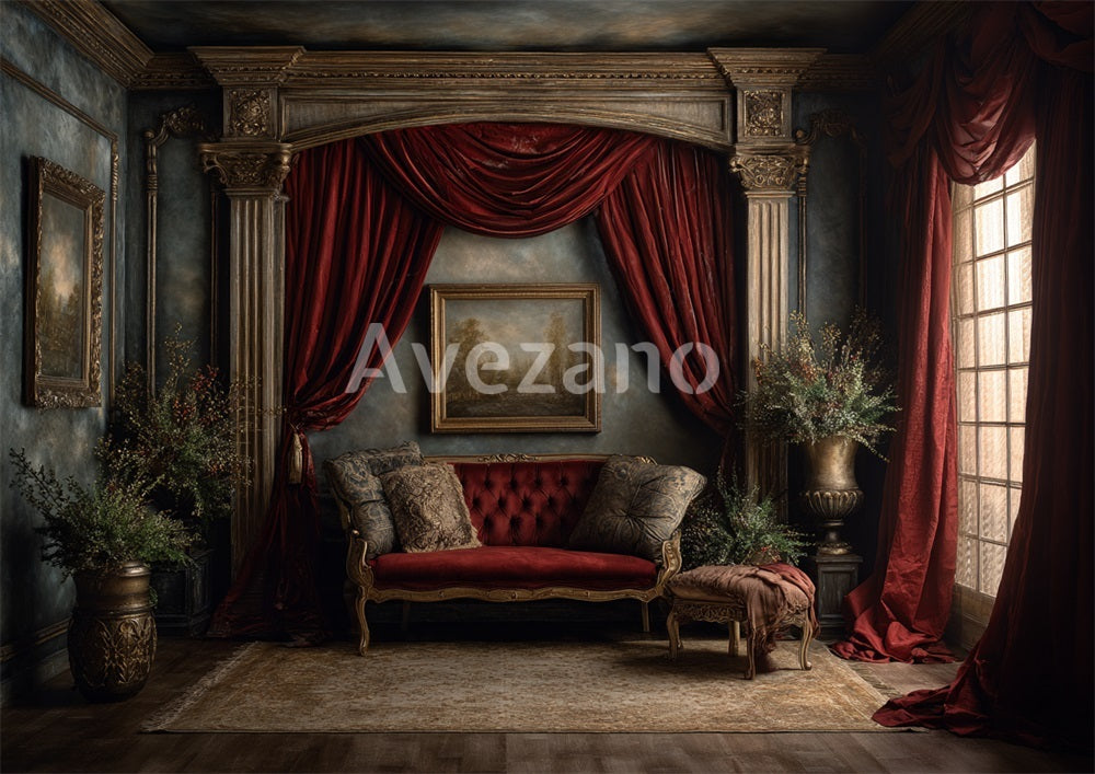 Avezano Vintage Red Velvet Sofa Room Oil Painting Photography Backdrop