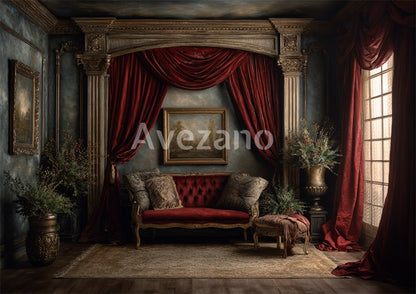 Avezano Vintage Red Velvet Sofa Room Oil Painting Photography Backdrop