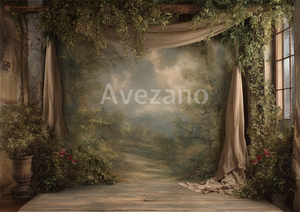 Avezano Vintage Garden Curtain Oil Painting Photography Backdrop