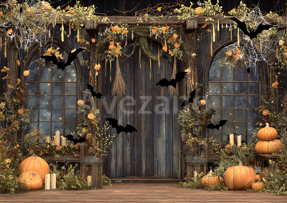 Avezano Halloween Wooden Arch Pumpkin Bat Photography Backdrop