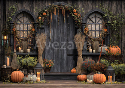 Avezano Rustic Dark Wooden Door Pumpkin Harvest Photography Backdrop