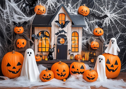 Avezano Halloween Cottage and Pumpkin Ghosts Backdrop for Photography