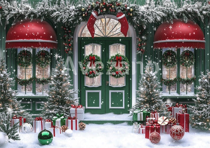 Toile de fond pour photographie de sapin de Noël blanc et de cadeaux d'Avezano