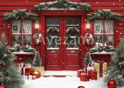 Toile de fond pour photographie de sapin de Noël blanc et de cadeaux d'Avezano