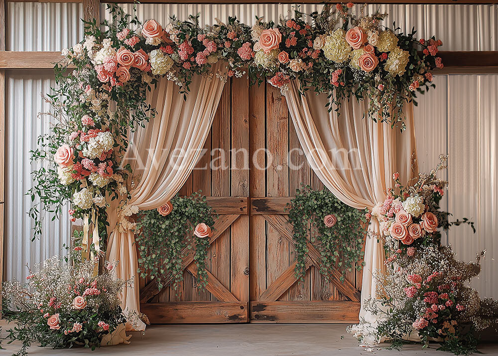 Toile de fond pour photographie de fleurs printanières et de portes en bois à Avezano