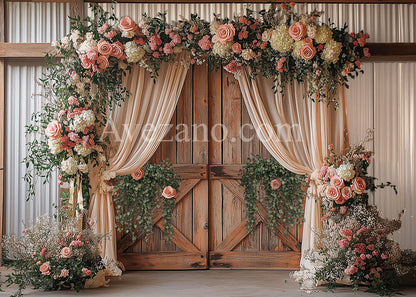 Toile de fond pour photographie de fleurs printanières et de portes en bois à Avezano