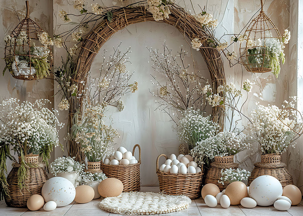 Toile de fond pour photographie de printemps de Pâques avec des branches et des œufs tissés d'Avezano