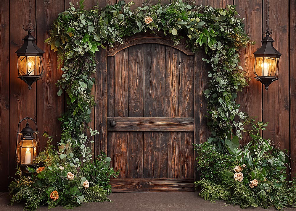 Toile de fond pour photographie de printemps avec portes en bois et vignes vintage d'Avezano