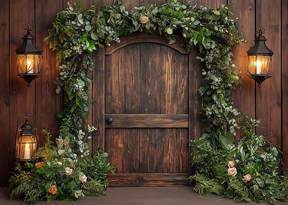 Toile de fond pour photographie de printemps avec portes en bois et vignes vintage d'Avezano