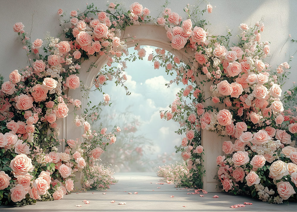 Avezano Spring Arch Covered with Pink Roses Photography Backdrop