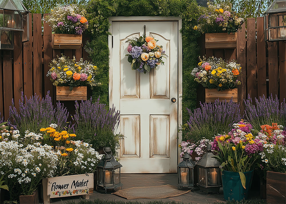 Toile de fond pour photographie du marché aux fleurs de printemps d'Avezano