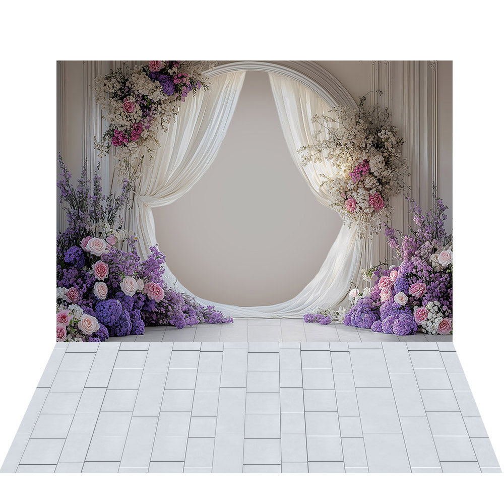 Avezano Purple Floral Arch Curtain 2 pcs Set Backdrop