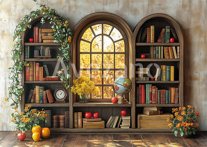 Avezano Vine Bookshelves and Windows Photography Backdrop For Back To School