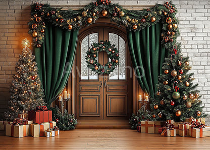 Avezano Green Curtains and Christmas Tree Decorations Photography Backdrop
