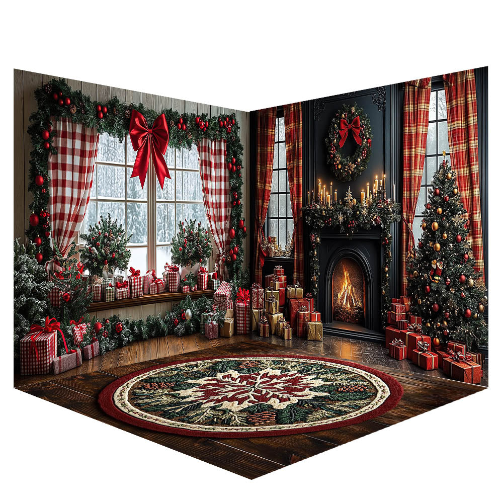 Avezano Christmas Red plaid curtains and a fireplace Photography Backdrop Scene Room Set