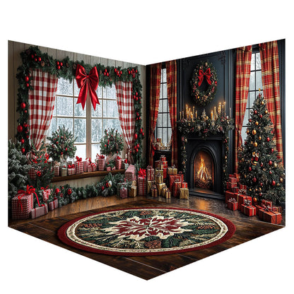 Avezano Christmas Red plaid curtains and a fireplace Photography Backdrop Scene Room Set