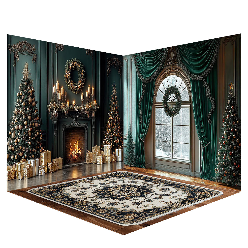 Avezano Christmas Fireplaces and Green Curtains Photography Backdrop Scene Room Set